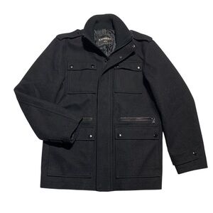 Express Black Wool blend‎ Pea Coat with Notched Lapel and Structured Design